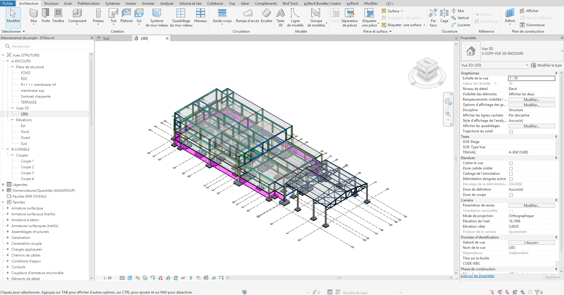 Maquette BIM 3D d'un bâtiment mixte (structure béton armé et charpente métallique) — Modélisation multi niveaux s