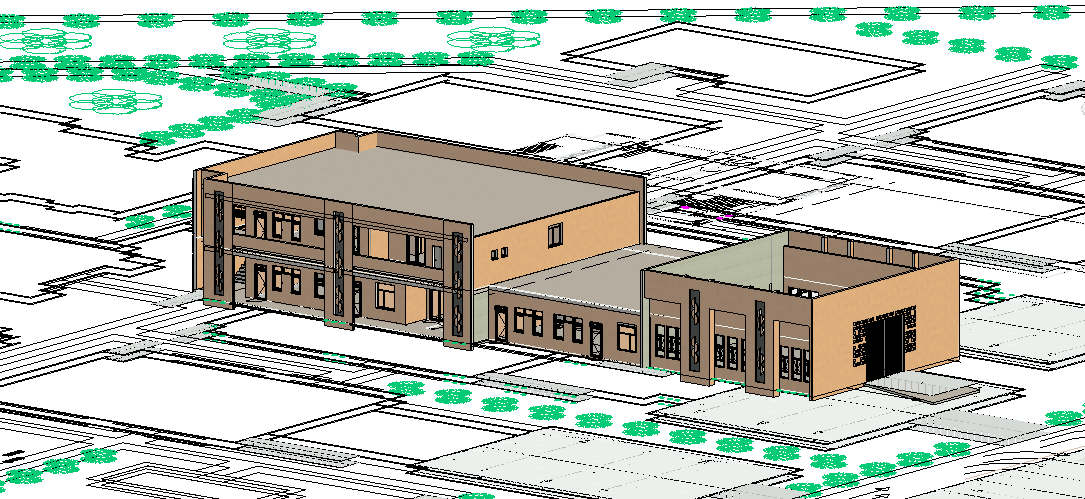 Maquette BIM architecturale 3D d'un bâtiment R+1 — Modélisation de la partie étudiée en contexte urbain