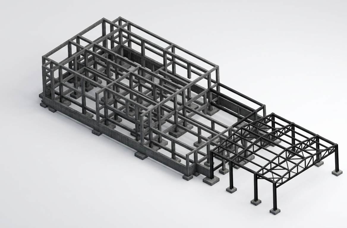 Rendu 3D du squelette structurel d'un bâtiment mixte