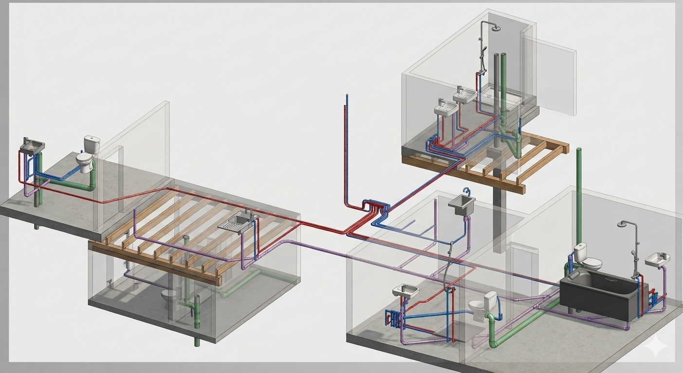 Schéma isométrique 3D des réseaux de plomberie d'un appartement — Alimentation EFSECS et évacuation EUEV avec appareils s