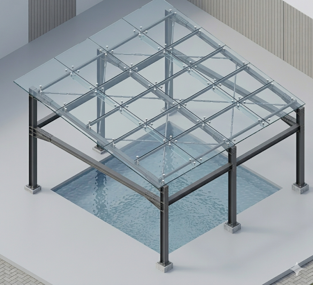 Rendu 3D photoréaliste d'une couverture de piscine en structure métallique
